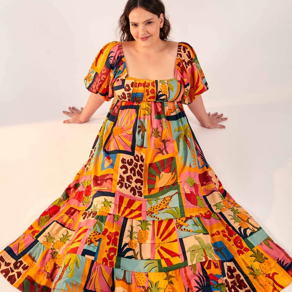 Farm Rio Anthropologie Tropical Collage Midi Dress Size M NWT